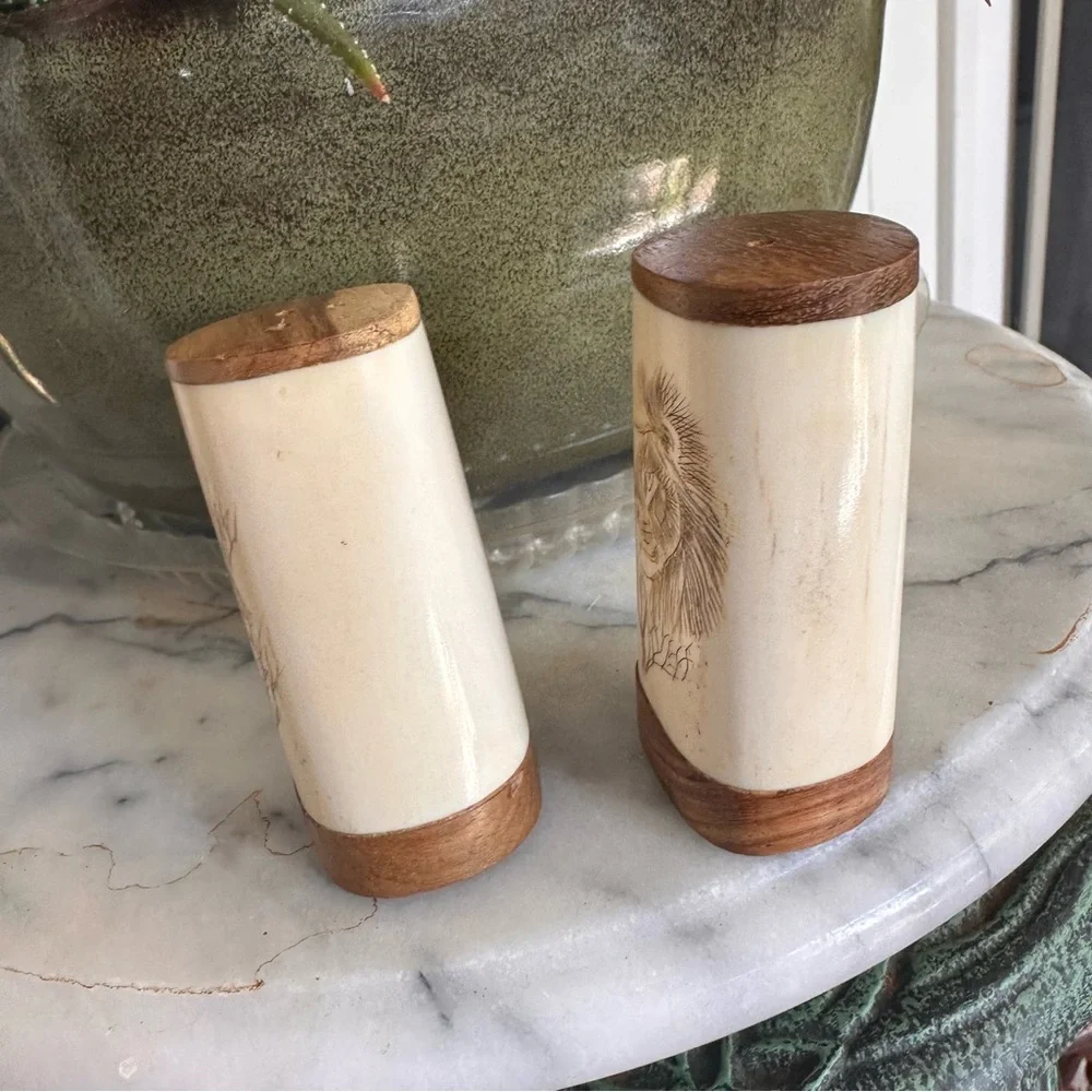 Scrimshaw African Lion Bone & Wood Salt & Pepper Shakers